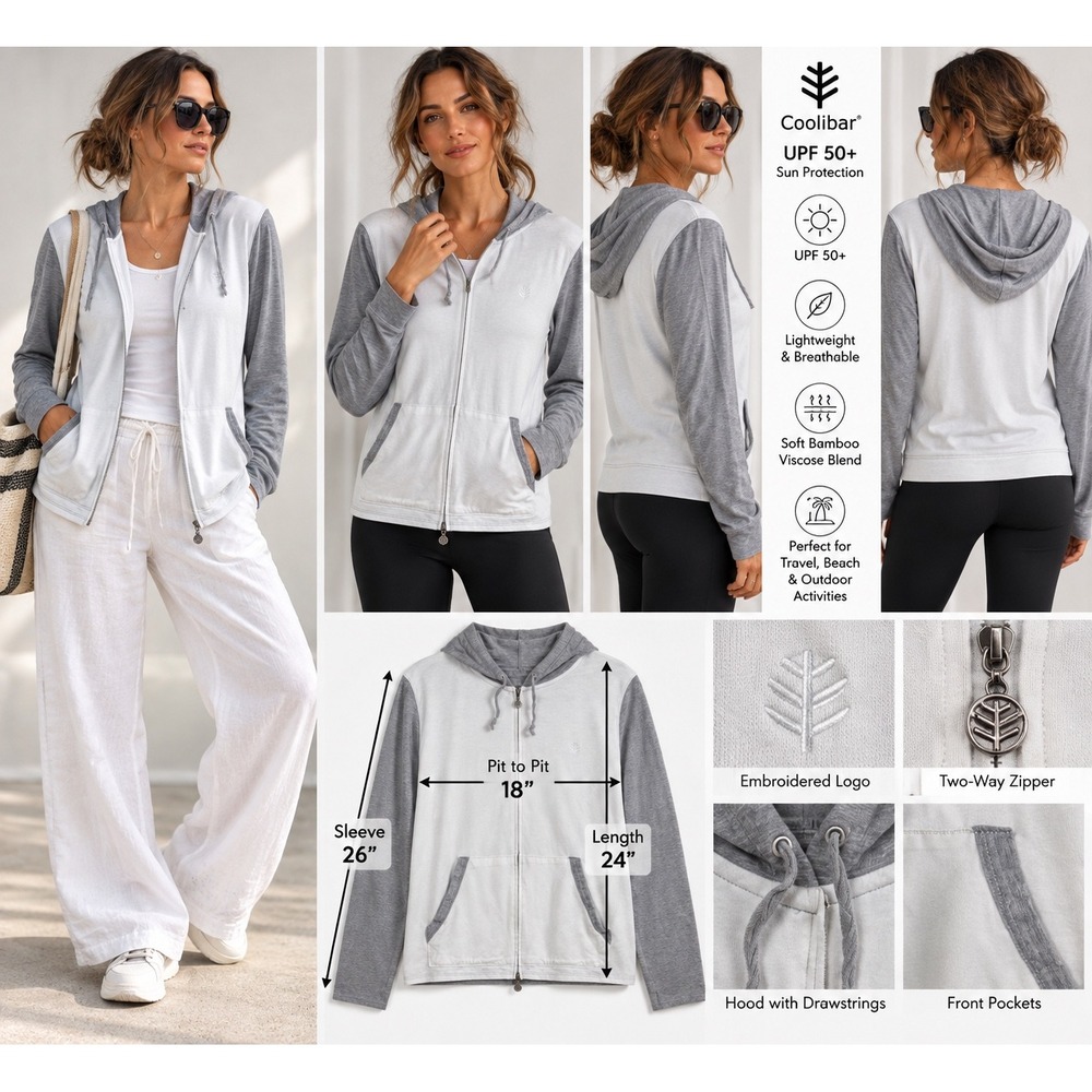 Coolibar UPF 50+ Sun Protection Hoodie M Bamboo Blend Full Zip Gray White